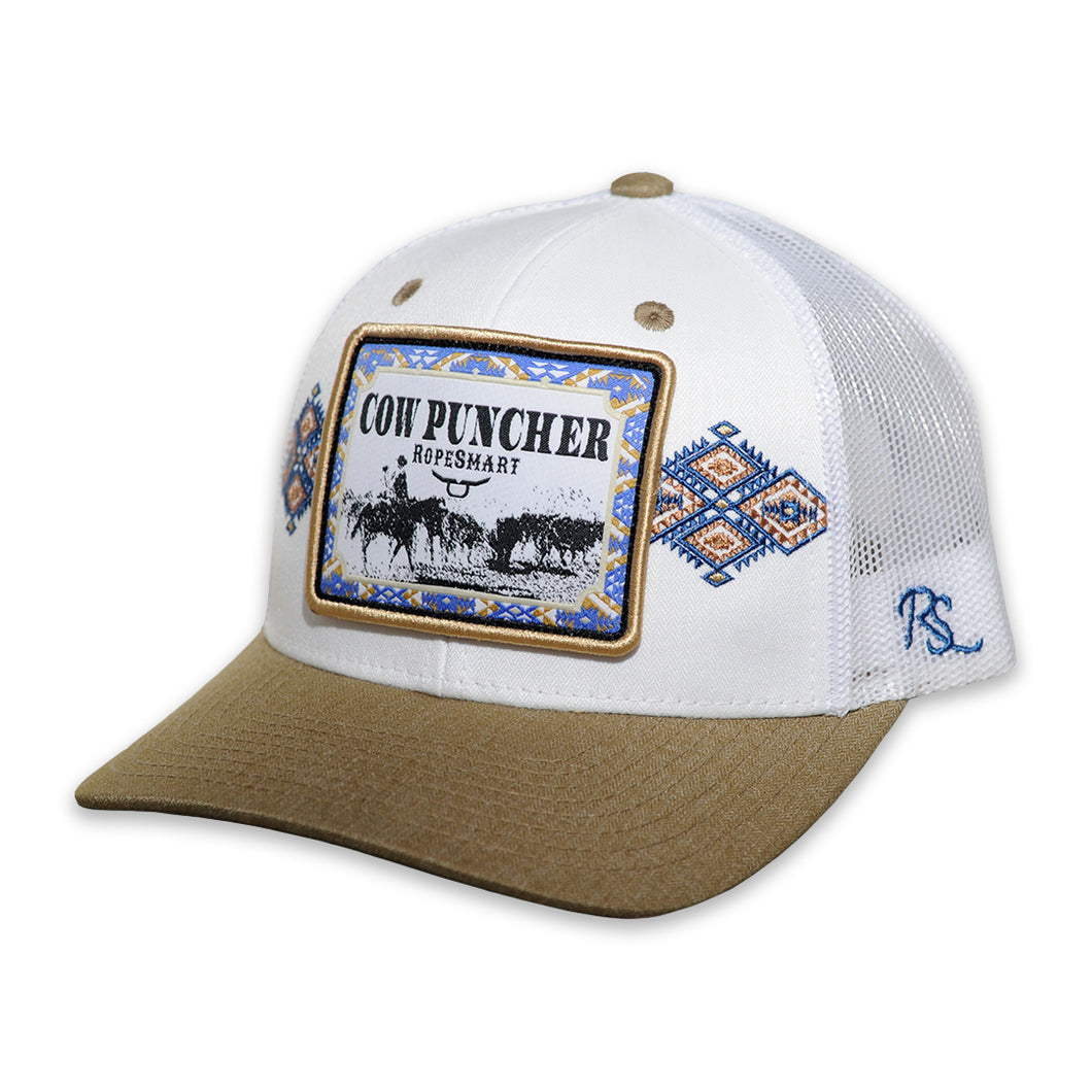 RopeSmart Blue Cow Puncher Patch White and Khaki Trucker Cap
